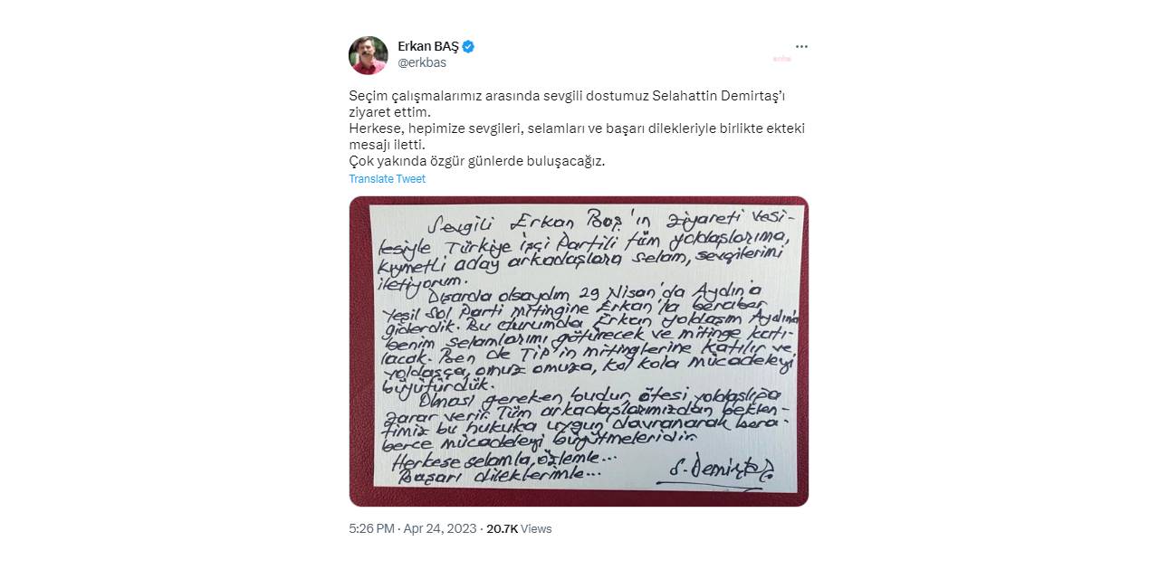 ERKAN BAŞ: “SEÇİM ÇALIŞMALARIMIZ ARASINDA DEMİRTAŞ’I ZİYARET ETTİM. ÇOK YAKINDA ÖZGÜR GÜNLERDE BULUŞACAĞIZ”