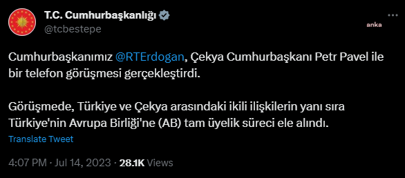 Cumhurbaşkanı Erdoğan, Çekya Cumhurbaşkanı Pavel İle Görüştü