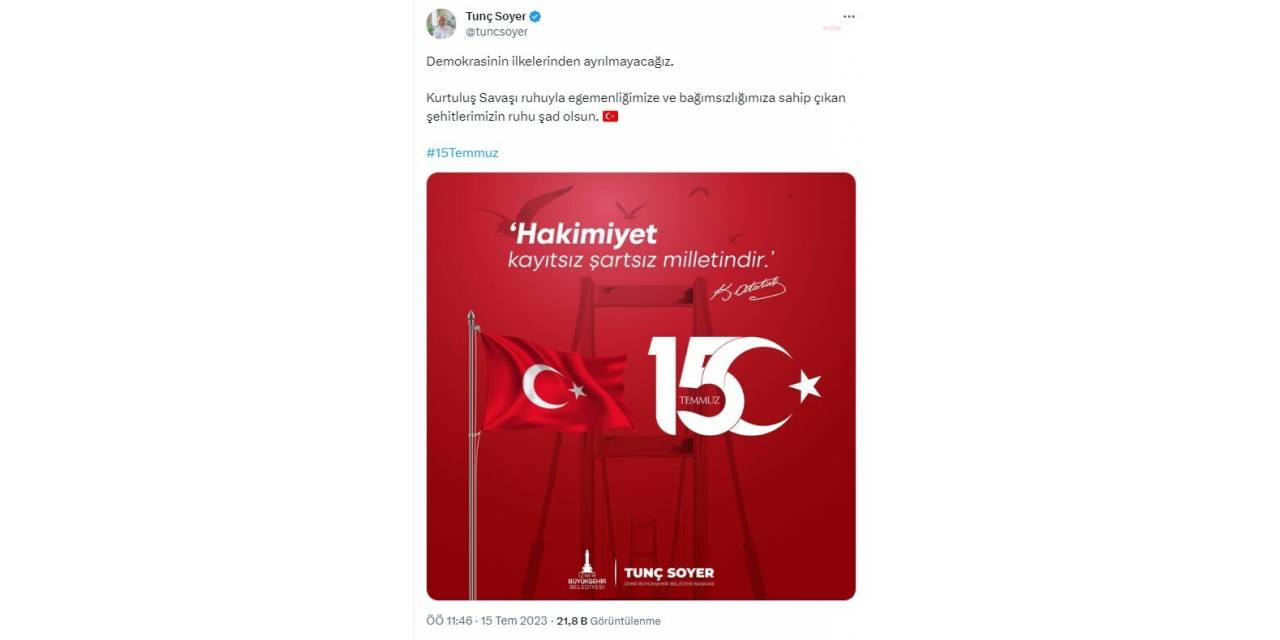 Başkan Tunç Soyer'den 15 Temmuz Mesajı: "Demokrasinin İlkelerinden Ayrılmayacağız"