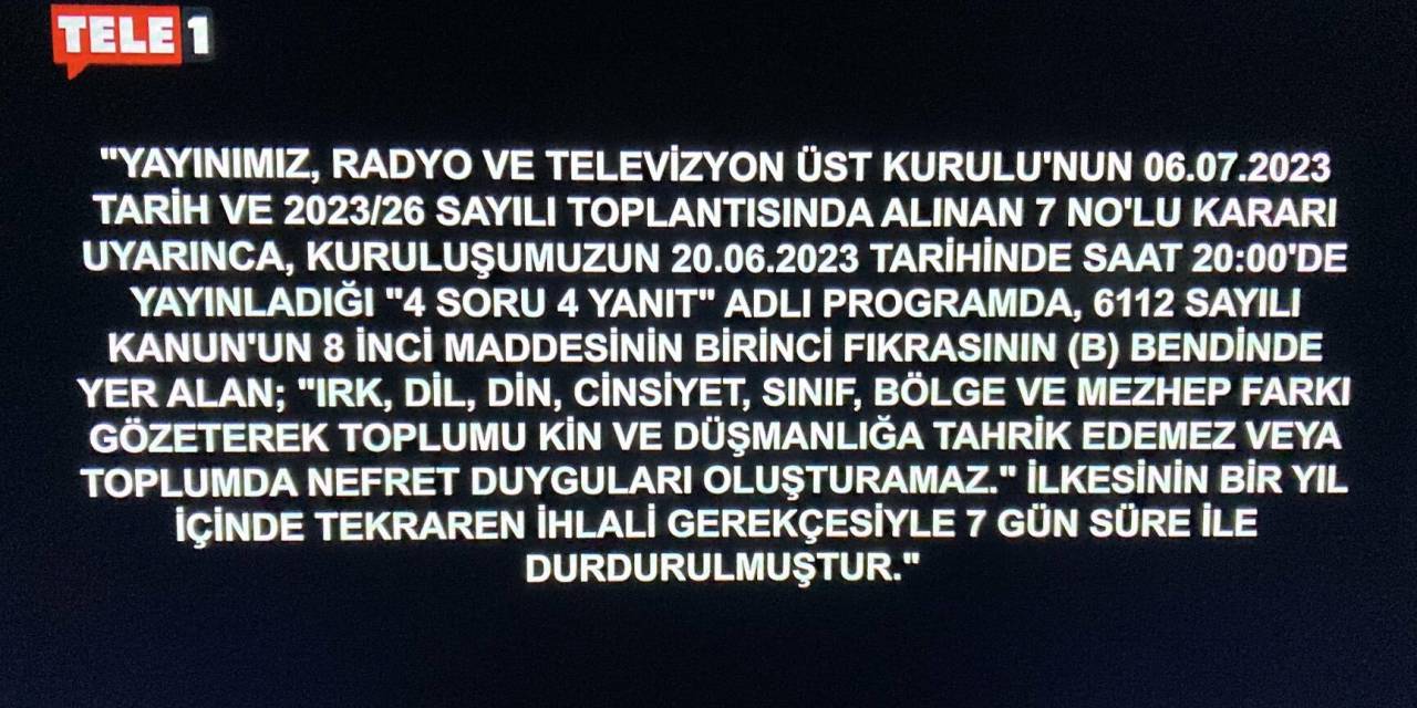 Rtük Cezası Uygulanmaya Başladı: Tele 1 Tv Ekranı 7 Gün Boyunca Karartılacak