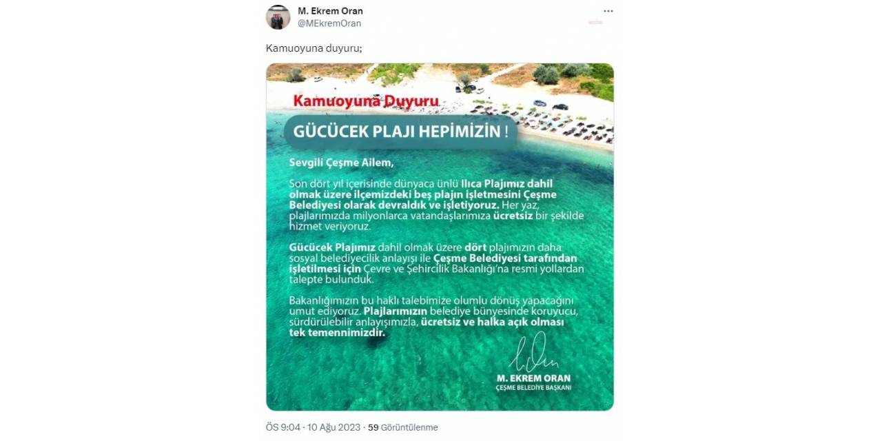 Çeşme Belediyesi Gücücek Plajı'na Talip Oldu